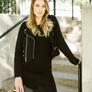 Black Cropped Moto Jacket with Gold Zippers